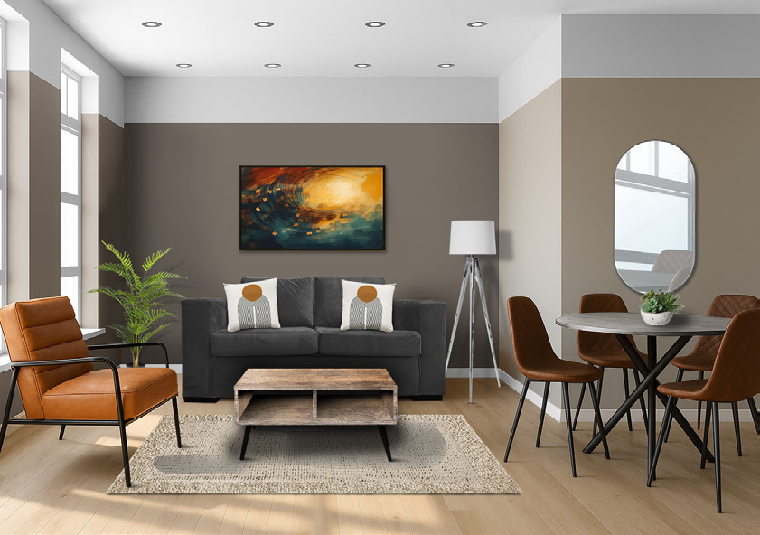 A furnished living and dining room with warm contrasting tones