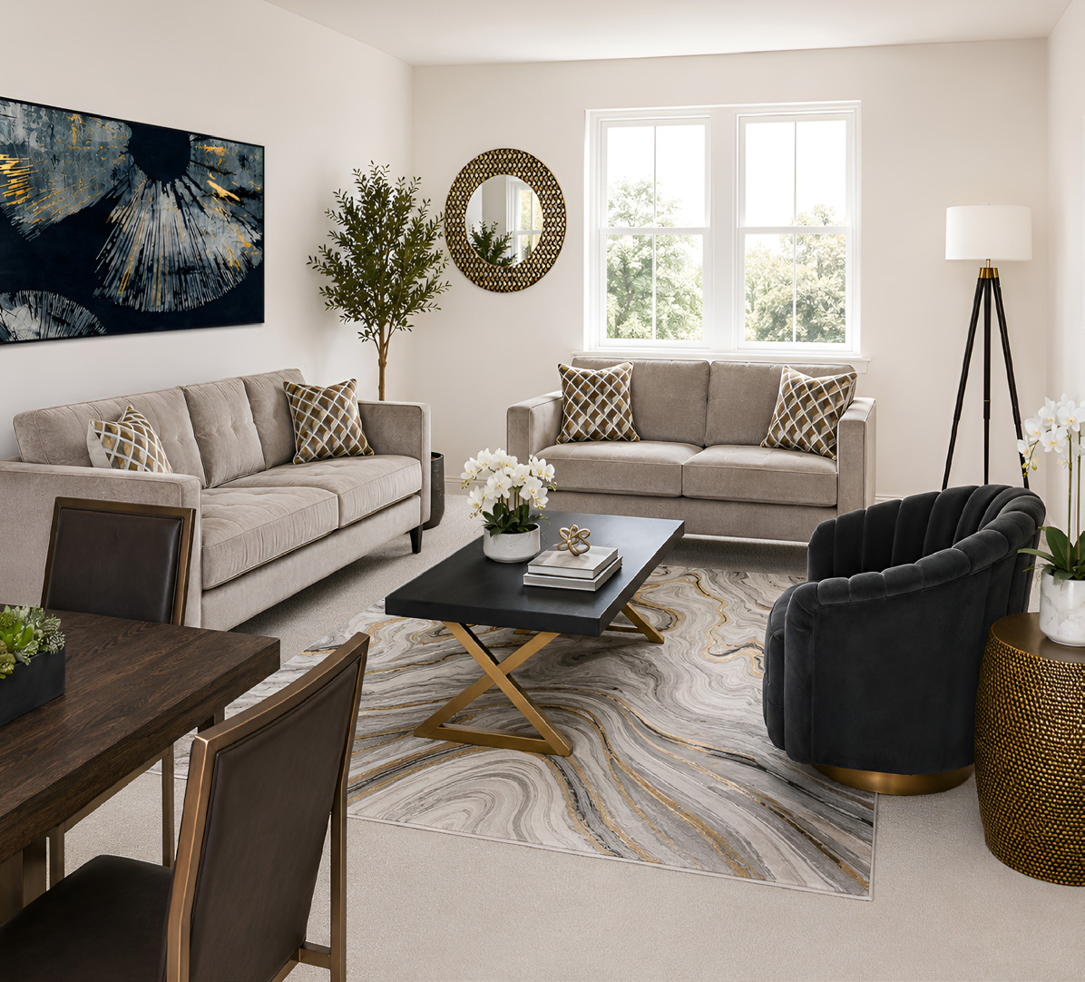 A furnished open-plan living and dining room